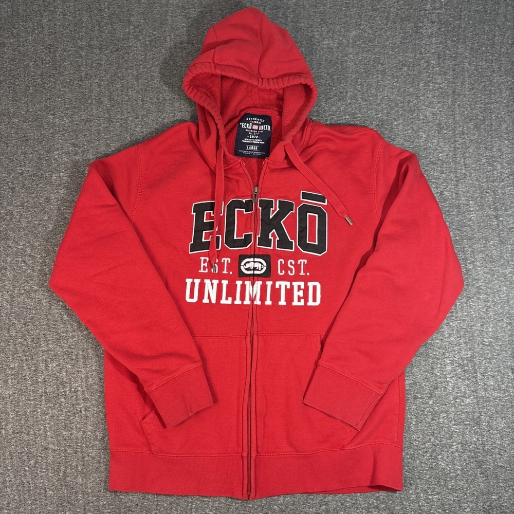 Ecko Unltd Full Zip Hoodie Mens Large Red Embroidered Y2K Skate 00s Sweatshirt